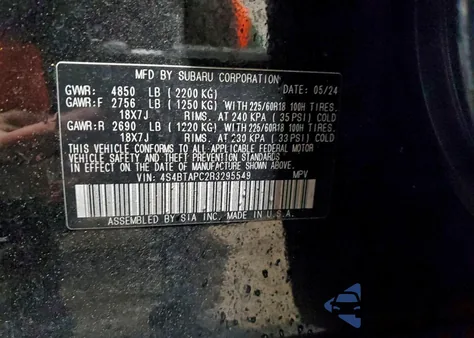 2024 Subaru Outback Touring from USA, damaged, VIN 4S4BTAPC2R3295549